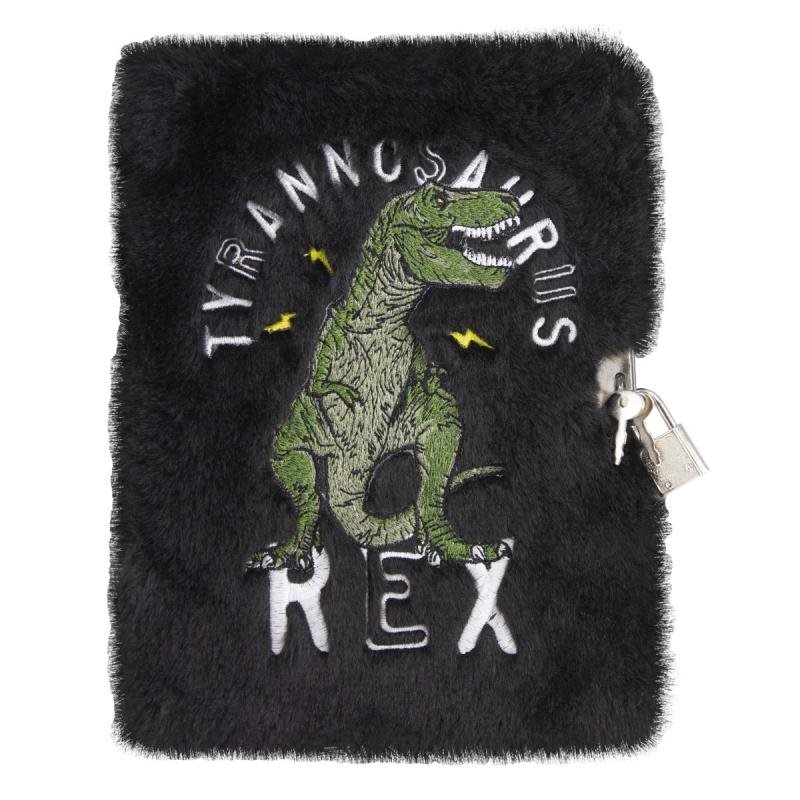 Dagbok med lås fluffig T-rex svart Olinjerat